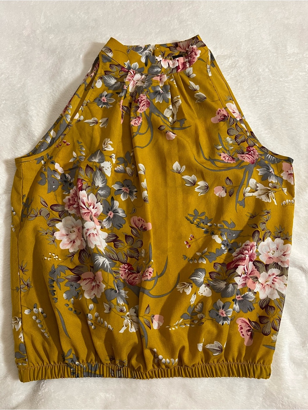 SHEIN Mustard Floral Halter Camisole with Pink and Gray Blooms
